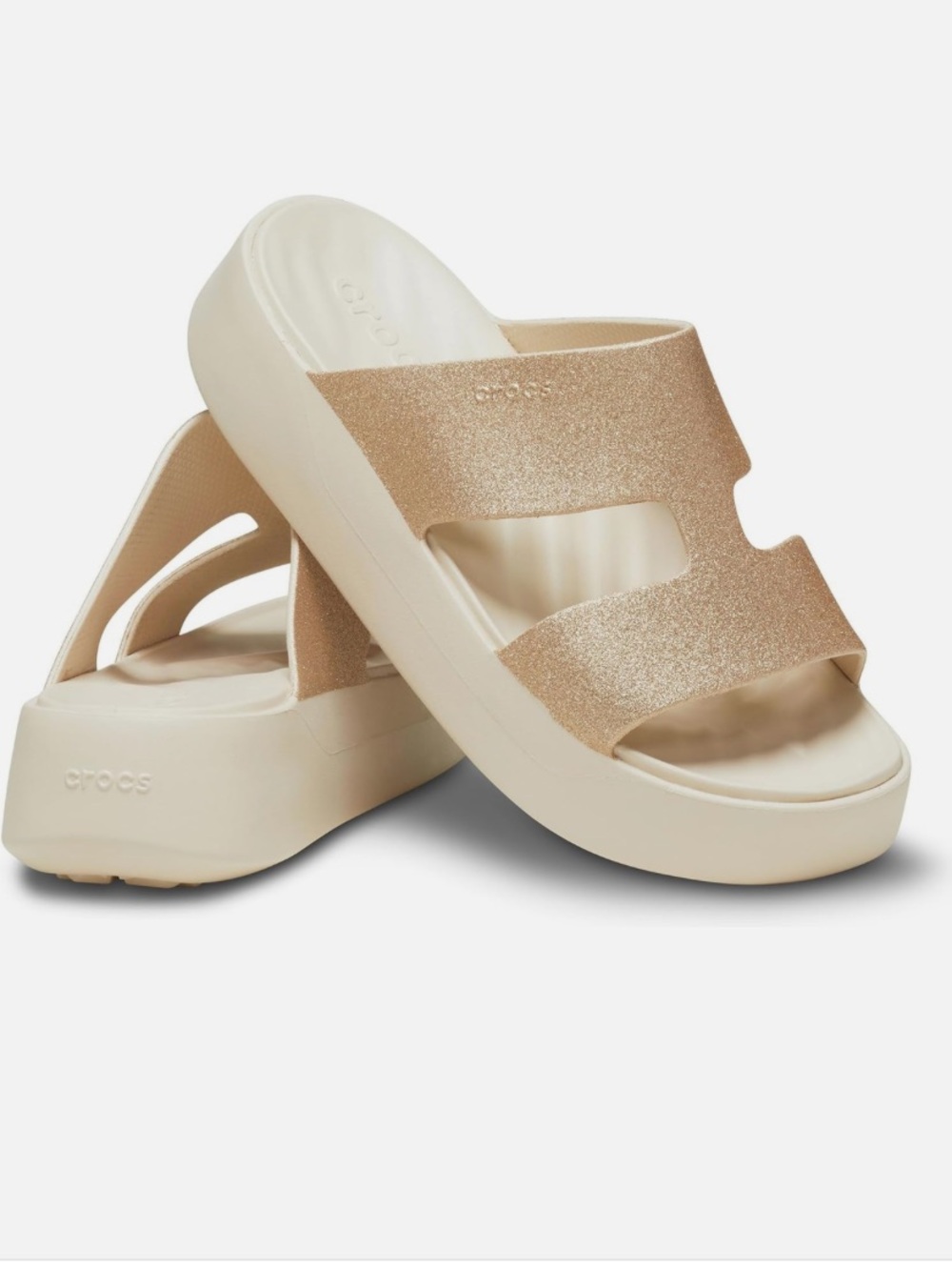CROCS Getaway Platform Glitterh-strap Slide Sandal in Champagne Glitter & Cream